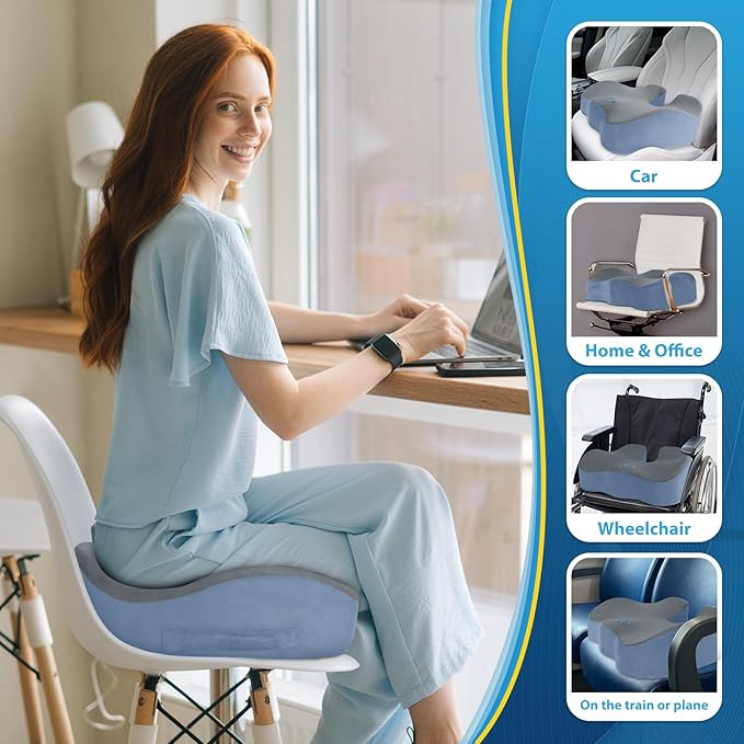 BlissTrends Seat Cushion,5.2in Thick Memory Foam Cushions for Office Chair, Car Seat, Airplane, Relieving Pressure Tailbone Sciatica Back Pain for Long Sitting Office Workers, Car Drivers Gery&Blue