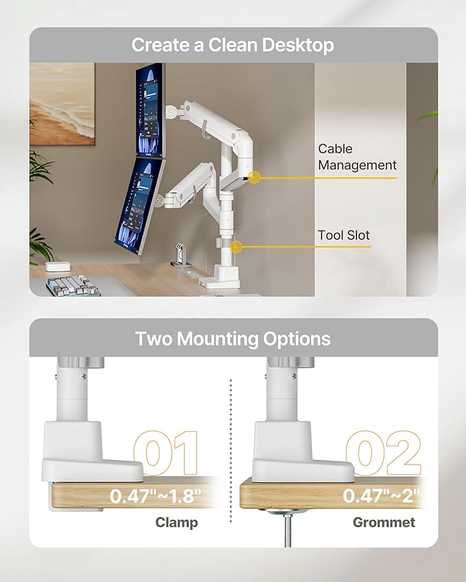 monTEK 17-57 Inch Dual Ultrawide Monitor Arm for Up to 59.4lbs Screen, Aluminum Heavy-Duty Gas Spring Vertical Stackable Curved Screen Adjustable Monitor Stand,75/100mm Vesa Mount, White