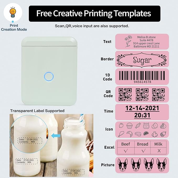 D110-M Label Maker Sticker Machine-Thermal Label Printer Inkless Portable Bluetooth Label Sticker Maker, Mini Bulk Printer for Business Home Office Compatible iOS Android USB Rechargeable-Green