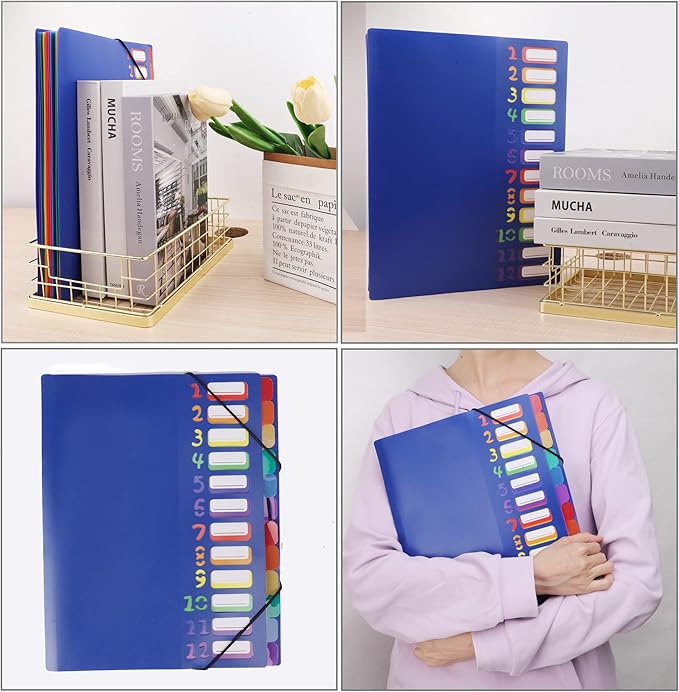 Rainbow Tab Expanding File Folder - 24 Pockets, Durable A4 Letter Size Organizer, Water-Resistant Plastic Dividers, Home/Office/School Document Holder (Blue)