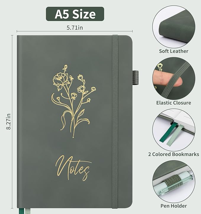 Lined Journal Notebook For Women, 200 Pages A5 Hardcover Leather Journals For Writing College Ruled Notebook For Work School Note Taking Business Diary Notepad 5.7'' X 8.3''-Green
