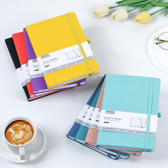 POPRUN A5 Lined Journal Notebooks, Leather Hardcover Thick Notebook for Writing, Business Work, Travel, School, College, Christmas, 5.5 x 8.3 inch, 240 Pages Classic Ruled Journals Notepad, Green