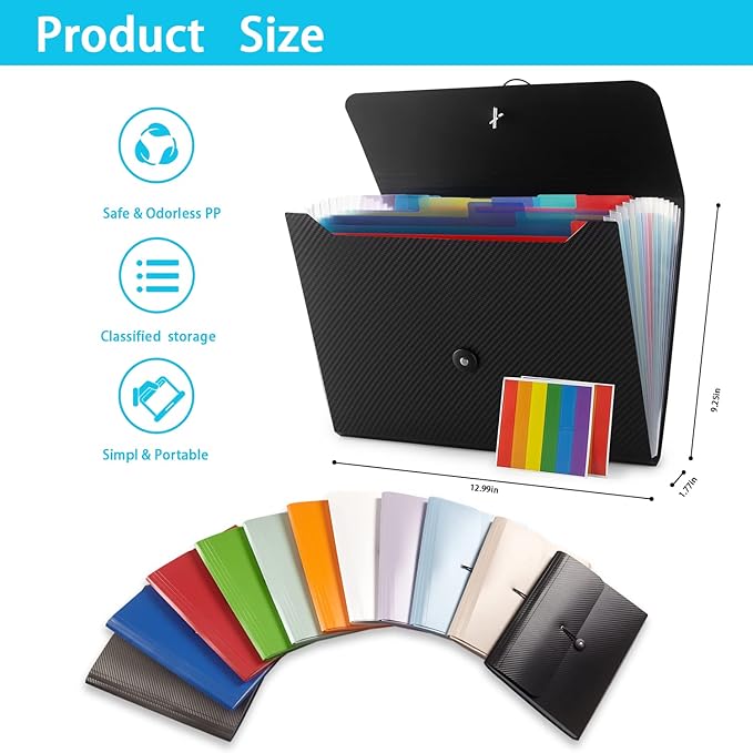 Expanding File Folder, 13 Pockets, White, Polypropylener,for Work, School, Home, Office