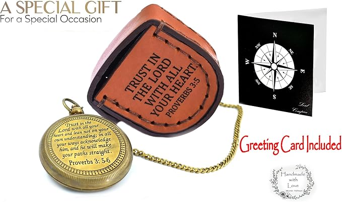 Trust in The Lord With All Your Heart - Proverbs 3:5-6 Quote Engraved Compass With Wooden Box, Greeting Card, Gift Compass, Graduation Day Gifts 2024 for Women Men Boys Girls