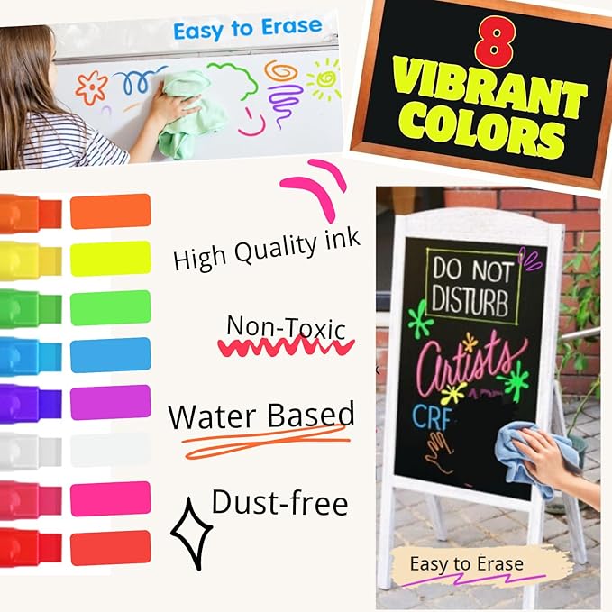 Car Window Markers for Glass Washable –10mm Liquid Chalk Car Paint Pen Wet Erasable, 8 Neon Chalk Markers for Big Chalkboard, Blackboard, Bistro, Glass, Mirrors, Auto Windshield