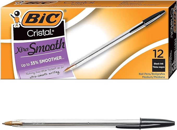 BIC Cristal Xtra Smooth Black Ballpoint Pens, Medium Point (1.0mm), 12-Count Pack, Extra Smooth and Reliable Ballpoint Pens