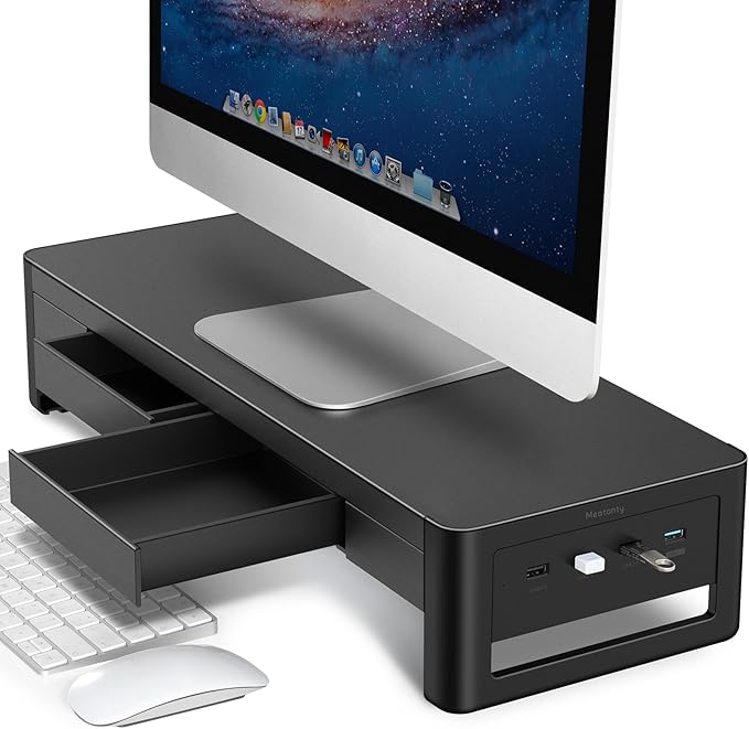 meatanty 2 in 1 Monitor Stand Riser with 2 Storage Drawers and 4 USB Ports, Metal Computer Monitor Stand Supports Transfer Data and Charging, Desk Organizer for PC,Laptop,iMac (21 inches)