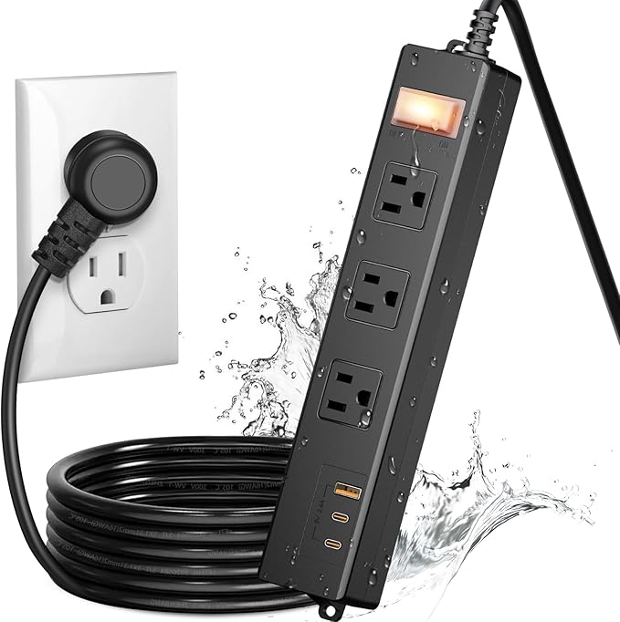 IPX6 Outdoor Power Strip Weatherproof, Waterproof Surge Protector with 3 Wide Outlet with 1A2C USB Ports, 10FT Long Extension Cord, Wall Mountable for Outside Decorations and More UL Listed(Black)