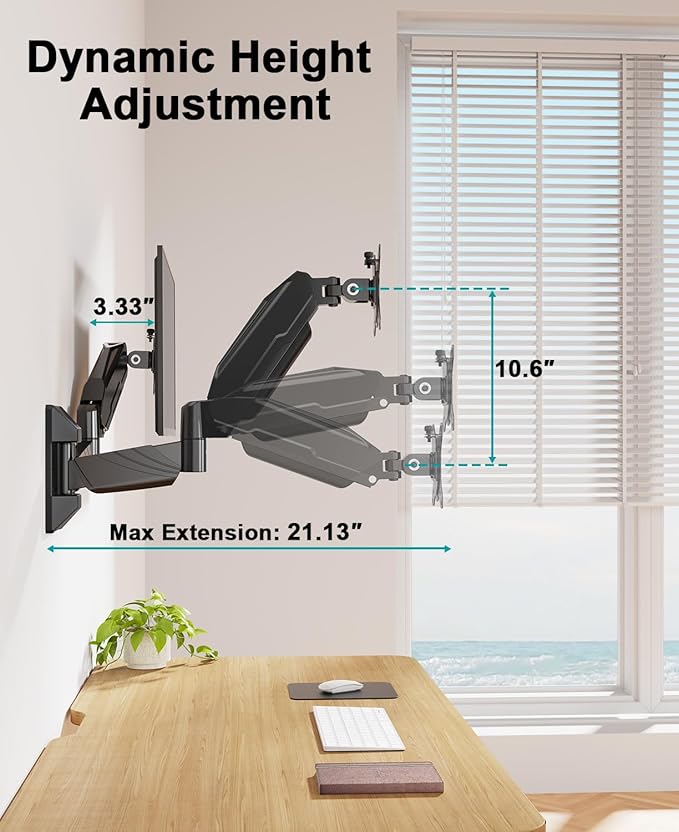 MOUNT PRO Dual Monitor Wall Mount for 2 Computer Screen up to 32 Inch, Gas Spring Double Monitor Arm Holds Up to 17.6lbs Each, Full Motion Adjustable Wall Monitor Mount, VESA Mount 75x75/100x100