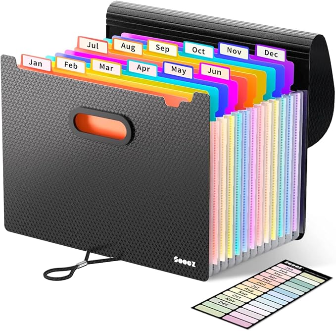 Sooez Upgraded Accordion File Organizer, Expanding File Folder with Deeper 12 Pockets - Never Cover Up Index Tabs, Monthly Bill Paper Receipt Document Organizer, Letter A4 Size for Home Office School