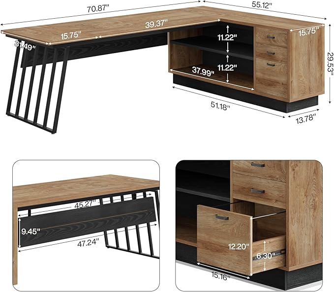 Tribesigns 71-Inch Executive Desk, L-Shaped Desk with Cabinet, Large Office Desk with Drawers and Storage Shelves, Writing Table Computer Desk for Home Office, Oak and Black
