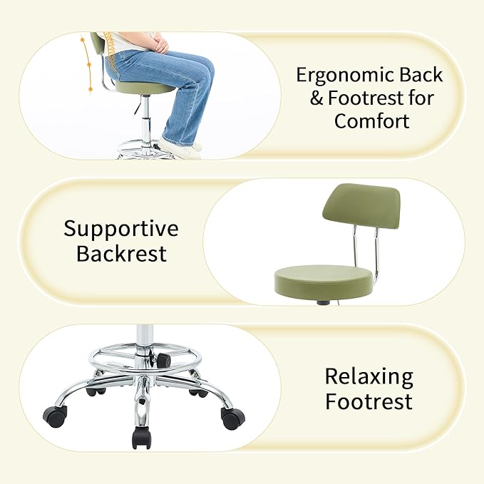 Height Adjustable Stool 19.5’’-26.6’’, Rolling Chair with Back and Footrest, Green Esthetician Stool Ergonomic (Green)