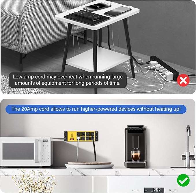 CCCEI Magnetic Heavy Duty Power Strip Surge Protector 20Amp, 12 Gauge High Amp Extension Outlets, Garage Wall Mount 8 Plug Metal Power Strip. 10FT, Yellow, 5-15P Adapter 6-20R T-Slot 20a for Appliance