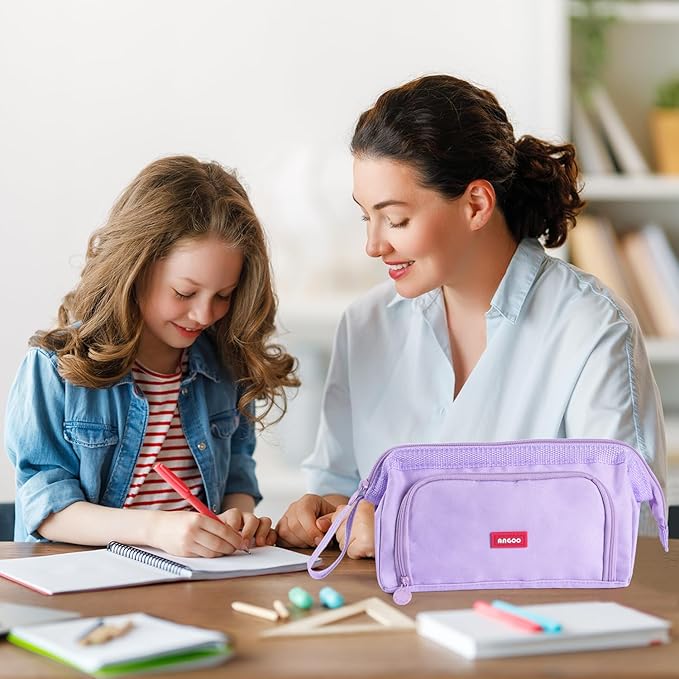 MAMUNU Pencil Case Pouch Large Capacity with Compartments, Pencil Case Pouch Bag with Zipper Handle for Teen Girls Adults Women, Portable Pen Bag Stationery Organizer for Office School Travel, Purple