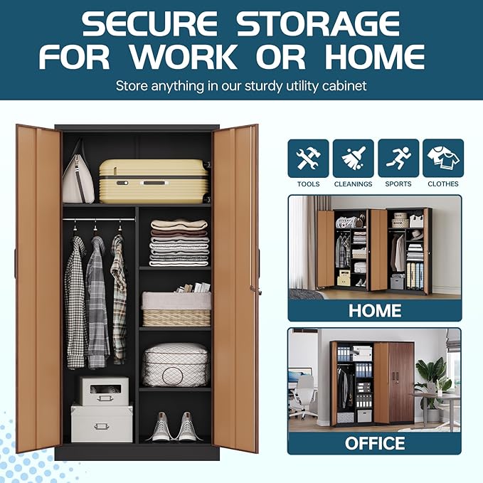 MIIIKO Metal Wardrobe Cabinet with Locking Doors, Metal Storage Armoire Closet for Clothing, 2 Door Woodgrain Locker Cabinet with Adjustable Shelves for Bedroom, Locker Room, Home Office and Garage…