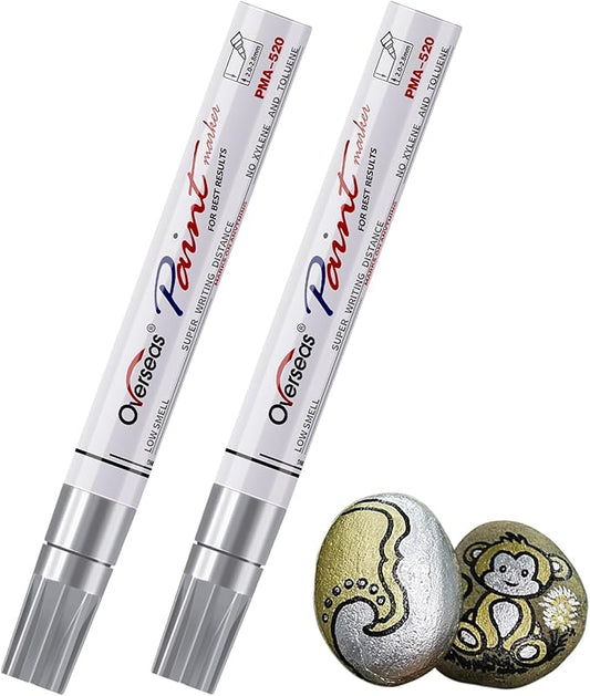 Overseas Permanent Paint Pens Silver Markers - 2 Pack Metallic Oil Based Paint Markers, Medium Tip, Quick Drying and Waterproof Marker Pen for Metal, Rock Painting, Wood, Plastic, Canvas, Mugs