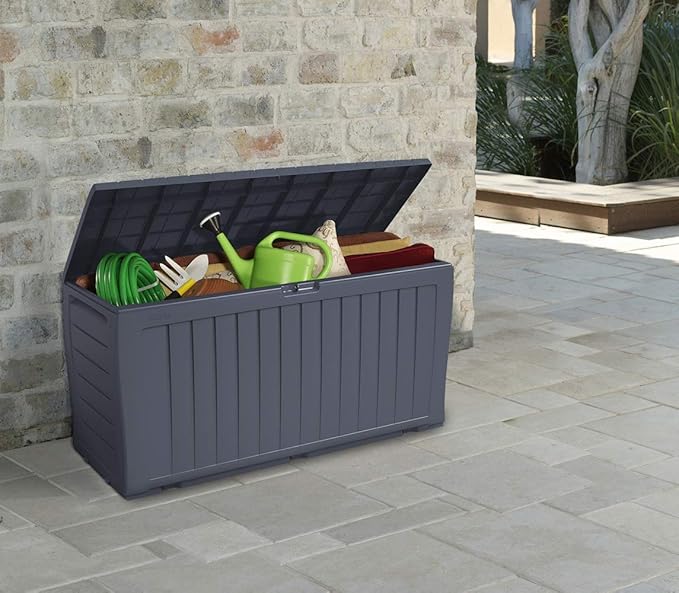 Keter Marvel Plus 71 Gallon Resin Deck Box-Organization and Storage for Patio Furniture Outdoor Cushions, Throw Pillows, Garden Tools and Pool Toys, Dark Grey