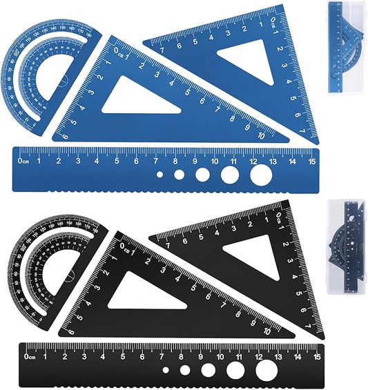 Honagu Triangular Ruler Set, 8 Pieces/2 Sets Aluminum Alloy Ruler, Metal Drafting Ruler, Geometric Protractor for Students, Draftsmen, Engineers, School Office Supplies (Blue+Black)