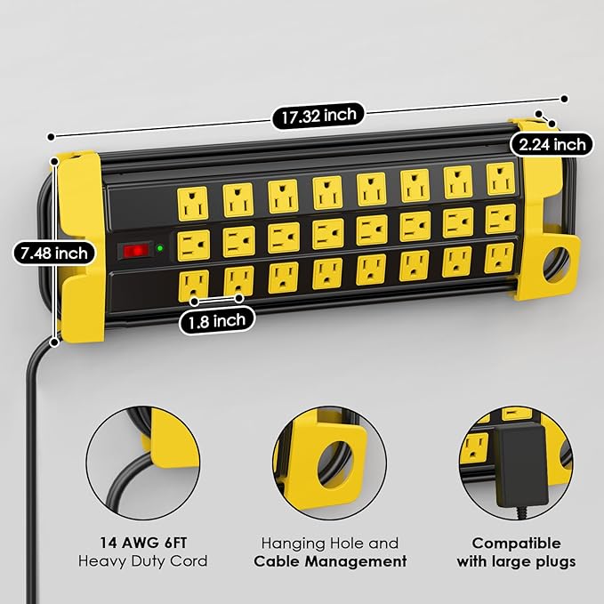 HHSOET Heavy Duty Power Strip with Surge Protection, Industrial Commercial Metal 24 Outlets Wall Mount for Garage Shop, 15 Amp, Switch, 6FT Extension Cord, Black.