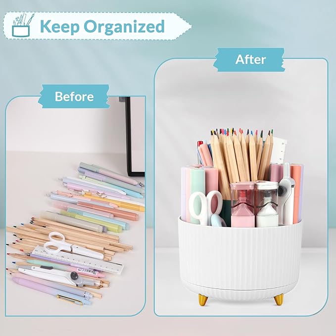 SKYDUE 360 Rotating Organizer - Dual-Purpose Pen & Pencil Holder with 5 Slots, Suitable for Office, School, or Home (White)