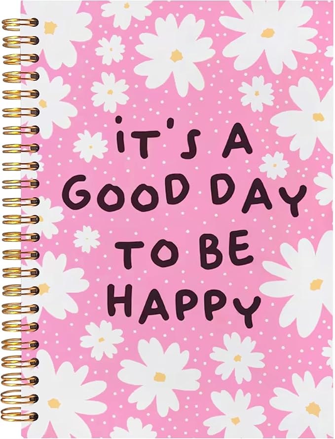 BearCake It's A Good Day To Be Happy Inspirational Notebooks, Cute Notebooks, Pink Aesthetic Notebook, Floral Notebook, Pink Office Supplies, Hardcover Spiral Notebook 5.5x8.3