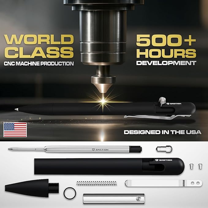 BASTION® Luxury Slim Bolt Action Pen, Lightweight Aluminum EDC Pen with Fine Tip, Professional Ballpoint Pen for School and Work - Black