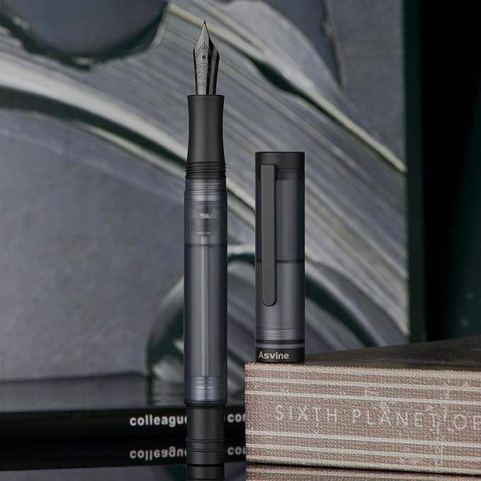 Asvine V200 Titanium Fountain Pen Vacuum Filling, Matte Black Bock Fine Nib Transparent Acrylic Smooth Writing Pen Case Set