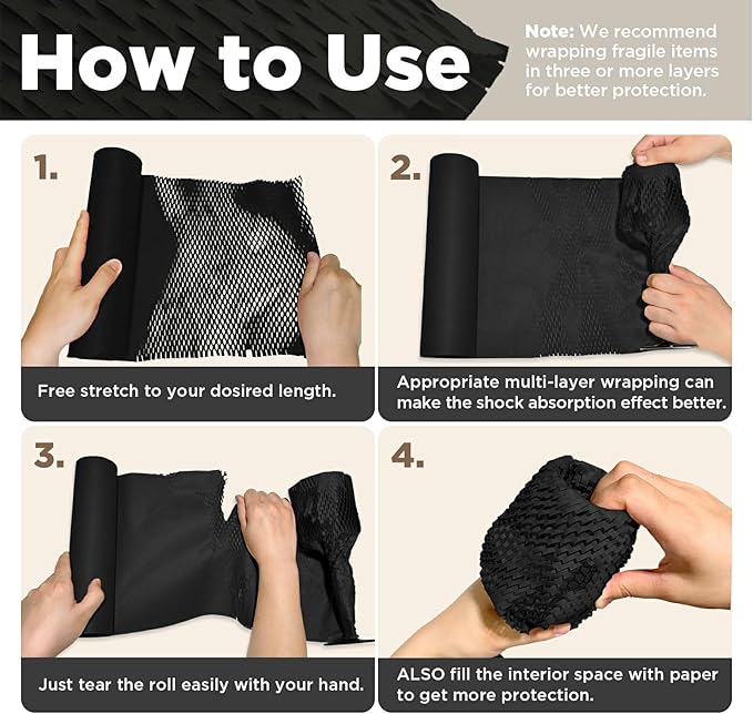 Honeycomb Packing Paper, 12"x400' Black | Perforated Honeycomb Packing Paper Recyclable Moving Supplies for Shipping & Moving | Plastic-Free Alternative to Bubble Cushion Wrap with 36 Fragile Stickers