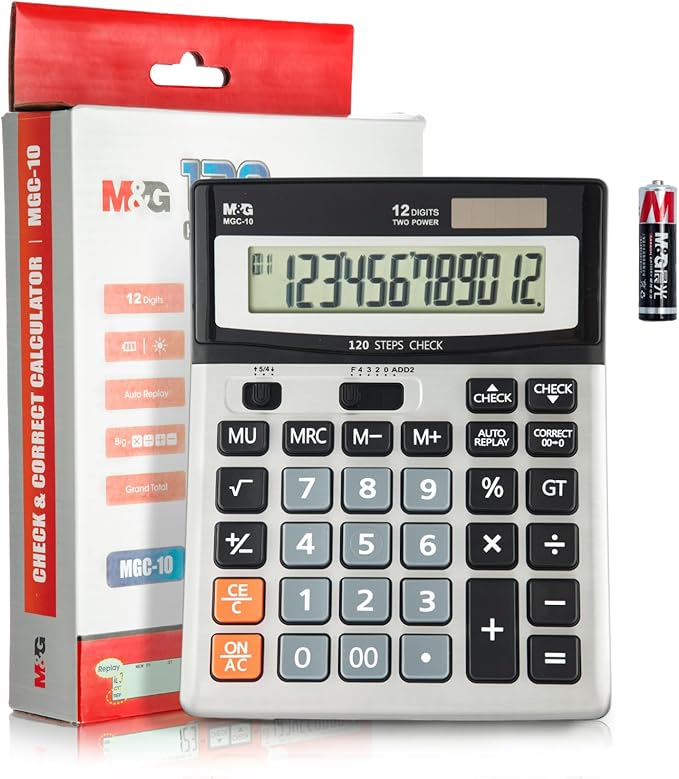 M&G Desk Calculator 12 Digit Extra Large LCD Display Calculators with Check & Correct, Dual Solar Power and Battery, Multi-Functional Financial Office Business Calculator with Big Buttons