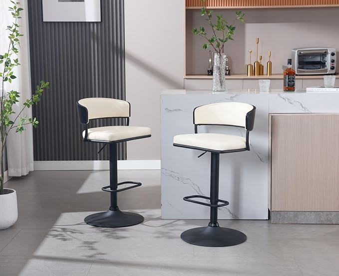 Adjustable Modern Bar Stools Set of 6 Faux Leather Barstools Swivel Counter Height Bar stools with Curved Back/Black Metal Base Comfy Upholstered Bar Chairs for Kitchen Island, Beige