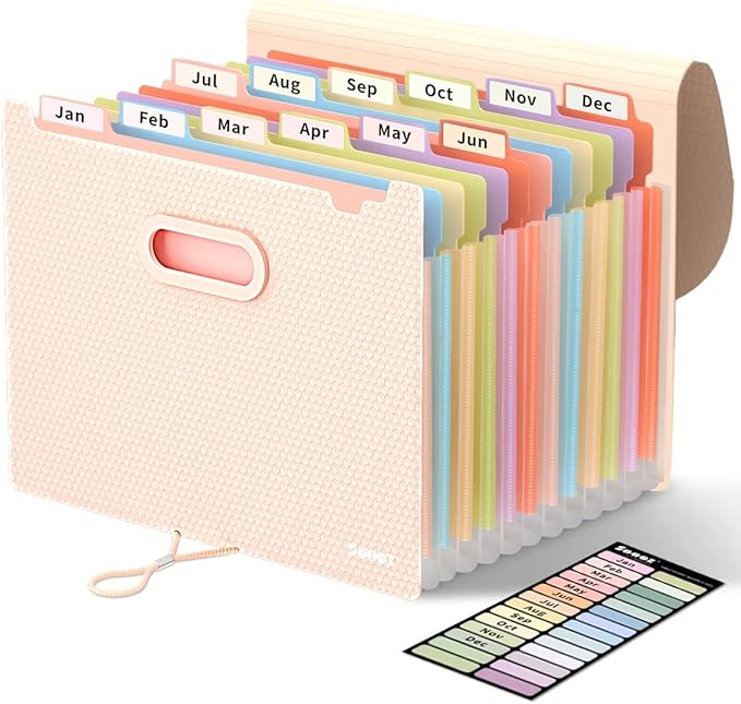Sooez Upgraded Accordion File Organizer, Expanding File Folder with Deeper 12 Pockets - Never Cover Up Index Tabs, Monthly Bill Paper Receipt Document Organizer, Letter A4 Size for Home Office School