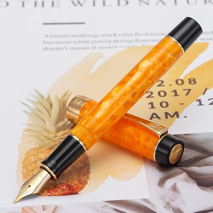 Jinhao 100 Fountain Pen Celluloid Classic Style, #6 Nib Smooth Writing Instrument with Refillable Converter and Pen Case Set