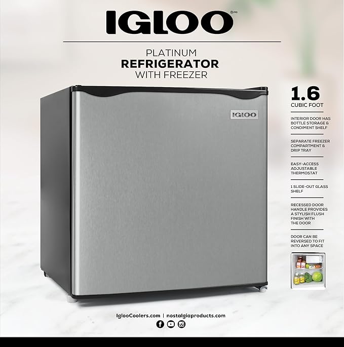 Igloo 1.6 Cu.Ft. Compact Refrigerator, Adjustable Thermostat, Glass Shelves, Includes Scraper, Ice Cube Freezer Drip Tray, Platinum