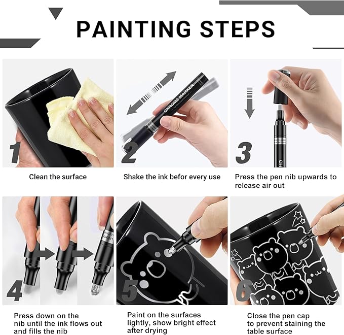 3Pcs Silver Liquid Mirror Chrome Markers, Permanent Reflective Metallic Chrome Paint Pen, High Gloss Car DIY Model Painting, Touch Up Repair Kit for Plastic Metal Glass Resins