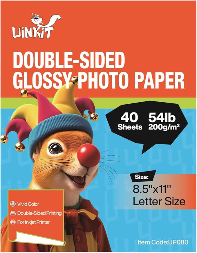 Uinkit 200Gsm 40 sheets 8.5 X 11 Double Sided Photo Paper Glossy 8.5x11 54lbs Inkjet for Dye Ink 200Gsm 9.13Mil for Inkjet Printing Printer (40, 8.5x11)