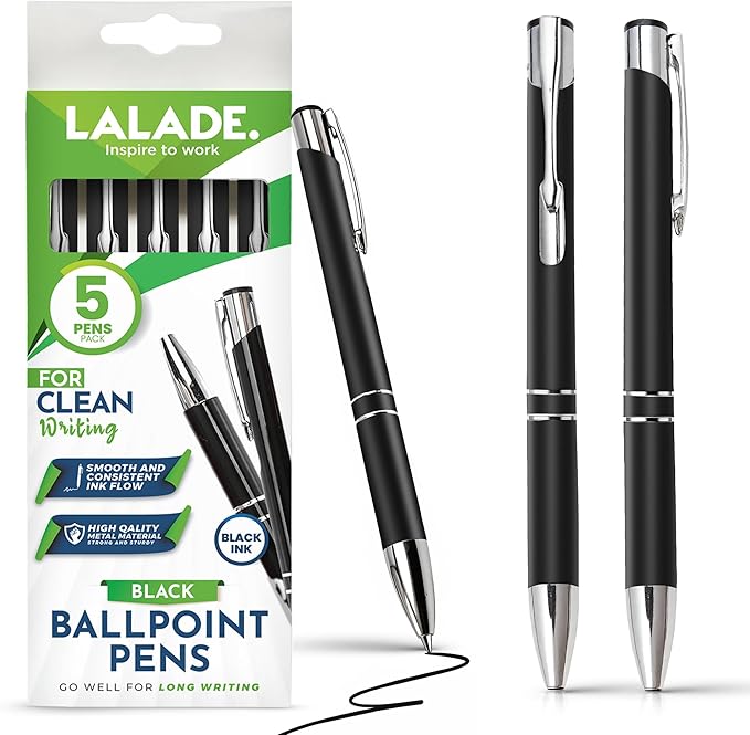 Stylish quality 5 metal ballpoint Pens, black ink, soft writing experience (Black)