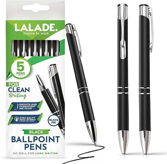 Stylish quality 5 metal ballpoint Pens, black ink, soft writing experience (Black)