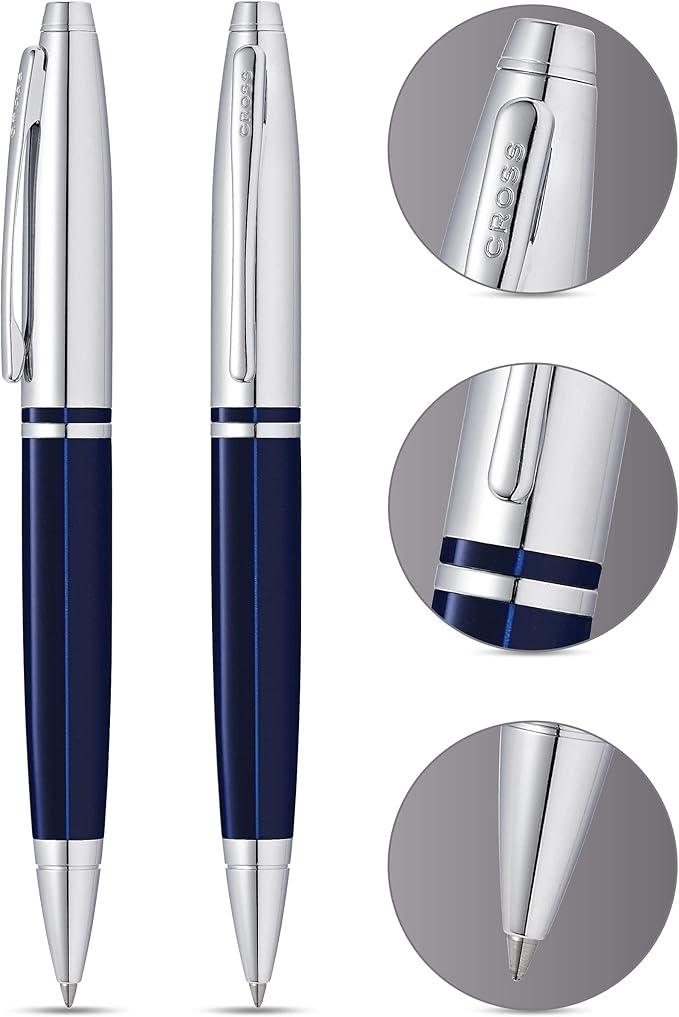 Cross Calais Refillable Ballpoint Pen, Medium Ballpen, Includes Premium Gift Box - Chrome/Blue