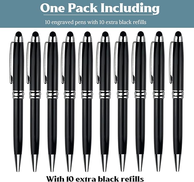 Ancolo Personalized Ballpoint Pens with Stylus - Engraved with Your Message Name/Phone Number Metal Body Black ink Gift for Bank, Office, Hotel Lobbies, Groomsmen Gift 10 Pens/Box