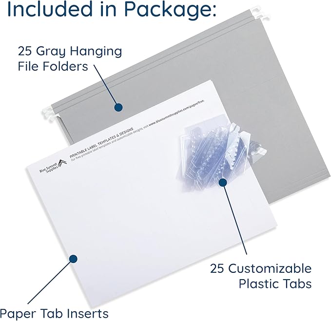 25 Blue Summit Supplies Grey Hanging File Folders Letter Size - Durable 11pt Paper, Hanging File Folders Gray, Plastic Tabs and Inserts Included, Perfect for Office Organization