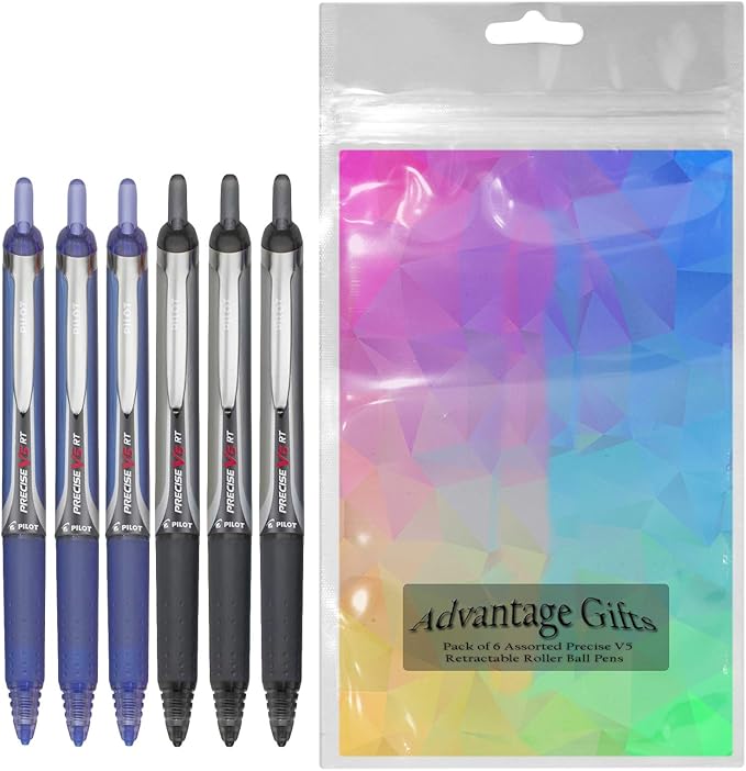 Precise V5 RT Retractable Rolling Ball Pens, Extra Fine Point (.5mm), Assorted Colors Black/Blue Ink, 6-pk; Premium Comfort Grip, Bundle with Plastic Reusable Pouch