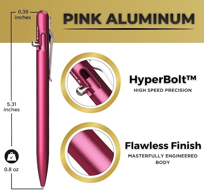 BASTION® Luxury Slim Bolt Action Pen, Lightweight Aluminum EDC Pen with Fine Tip, Professional Ballpoint Pen for School and Work - Pink