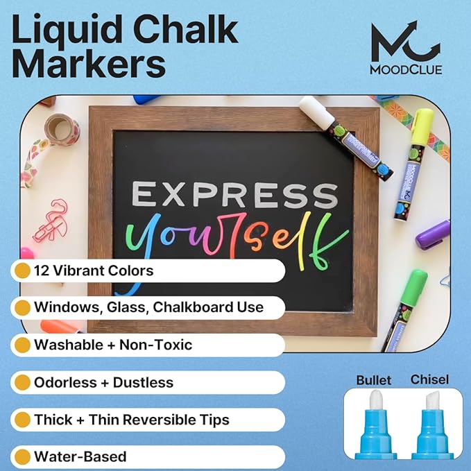 Liquid chalk markers 12 neon erasable Whiteboards, glass boards, chalkboards, windows, mirrors, car windshields, auto, glass. Odorless, non-toxic. Wet or dry erase. Thick and thin tip