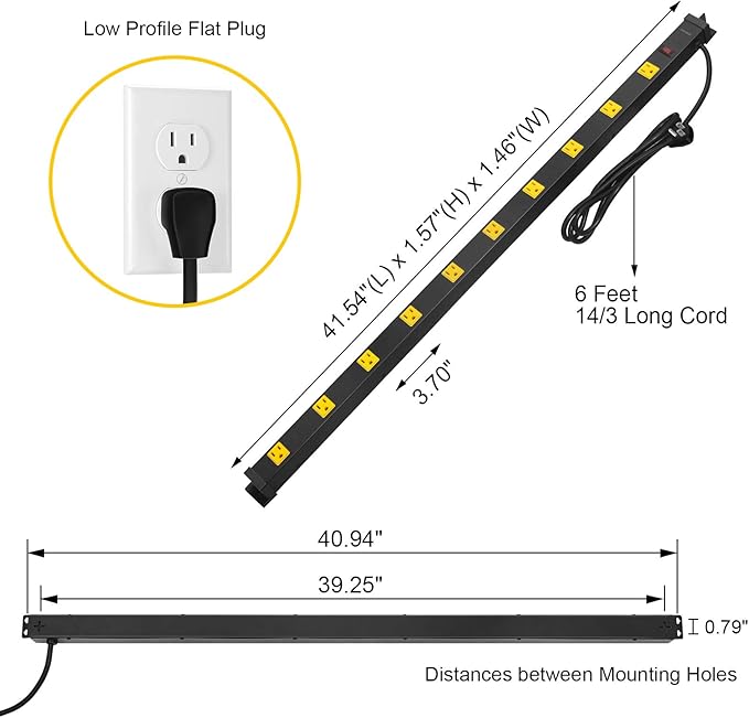 SURAIELEC 10 Outlet Long Power Strip Surge Protector, Industrial Heavy Duty Metal Shop Power Strip with Flat Plug, 1000 Joules, 15 AMP Breaker, 6FT Cord, Wall Mountable, for Work Bench, Shop, Garage