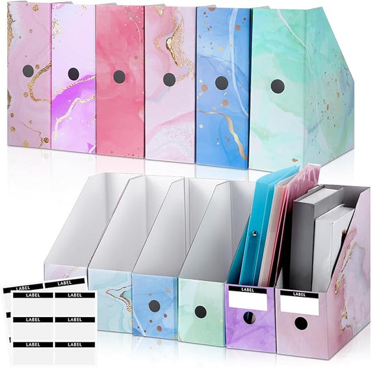 PerKoop 12 Pcs Magazine File Holder Foldable Decorative Cardboard File Folders 6 Patterns Floral Colored Magazine Rack with Printable Sticker Labels for School Office Home Desk (Marble)