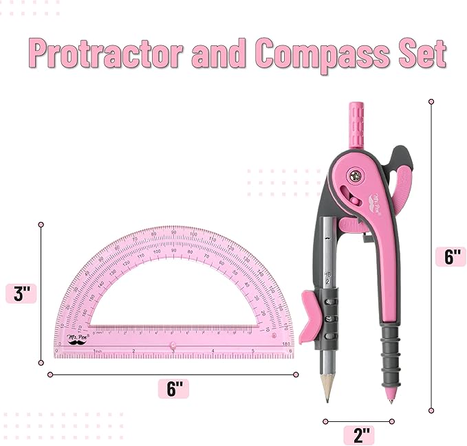 Mr. Pen- Compass and Protractor Set, Rogue Pink, Compass Geometry Tool, Protractor and Compass Set, Compass Drawing Tool, Drawing Compass, Geometry Compass, Back to School Supplies