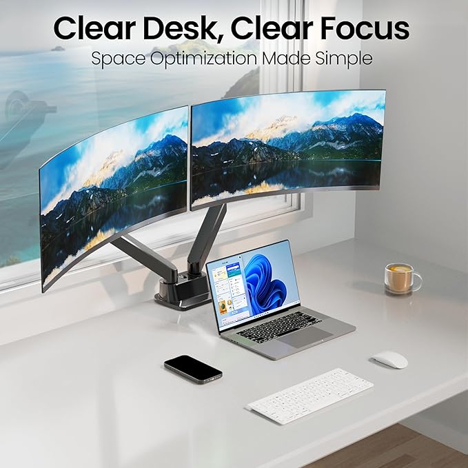 EVEO Premium Dual Monitor Mount 14"-32” Dual Monitor Arm VESA Bracket Adjustable Height Gas Spring Dual Monitor Stand, Screen Full Motion Dual Monitor Arm-Computer Monitor Stand for 2 Screens - Black