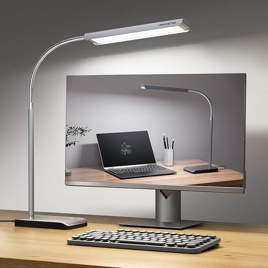 LED Desk Lamp, 12W Reading Desk Lamp for Office Home with 60 Lighting Modes, Touch Control & Timer Function, 750LM Bright Eye-Caring Gooseneck Desk Light Table Lamp for Study, Work, Silver