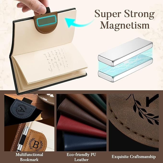 Personalized Bygone Mark Bookmark with Pen Holder,Engraving Leather Magnetic Bookmarks Vintage 26 Letters Name Initials Text Book Marker Clips Gifts for Reading Book Lovers Women (Green, F)