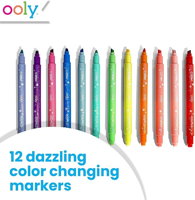 Ooly 12 Pack Sparkle Switch-eroo Color Changing Markers, Double Ended Chisel Tip Color Change Markers for Art Back to School Supplies, Drawing and Stationery Sets